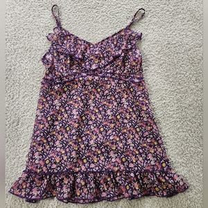 Express Purple Flower Print Ruffle Embellished Flowy Semi-Sheer Tank Top